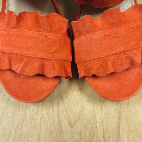 FREE PEOPLE Rosie Ruffle Heels Sz 38 Red Orange Slip On Slide Sandals Block Heel - Picture 5 of 12